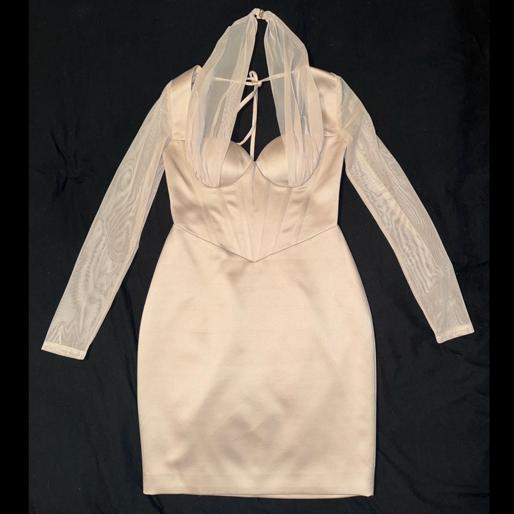 Miss Circle New York Beige Satin Mesh Long Sleeve Corset Dress